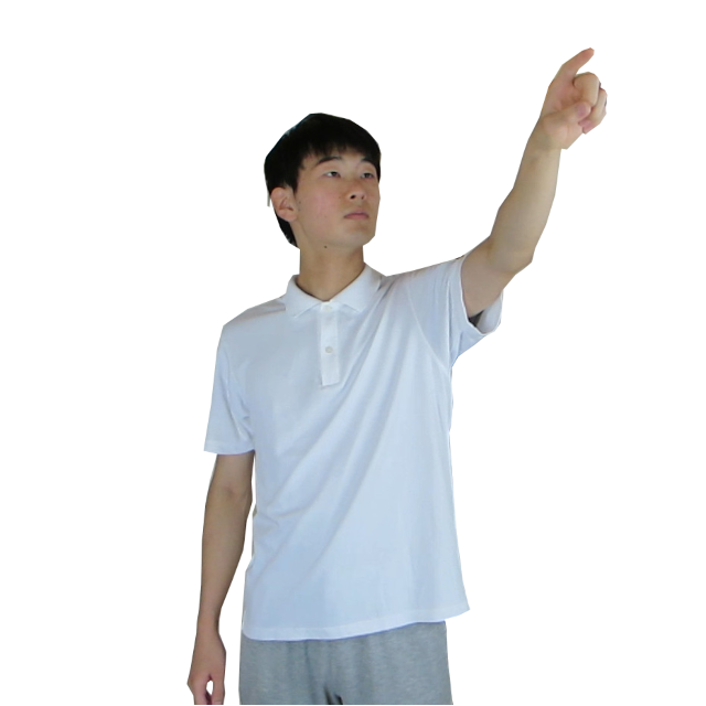頭より高い位置にある何かを左手の人差し指で押している。